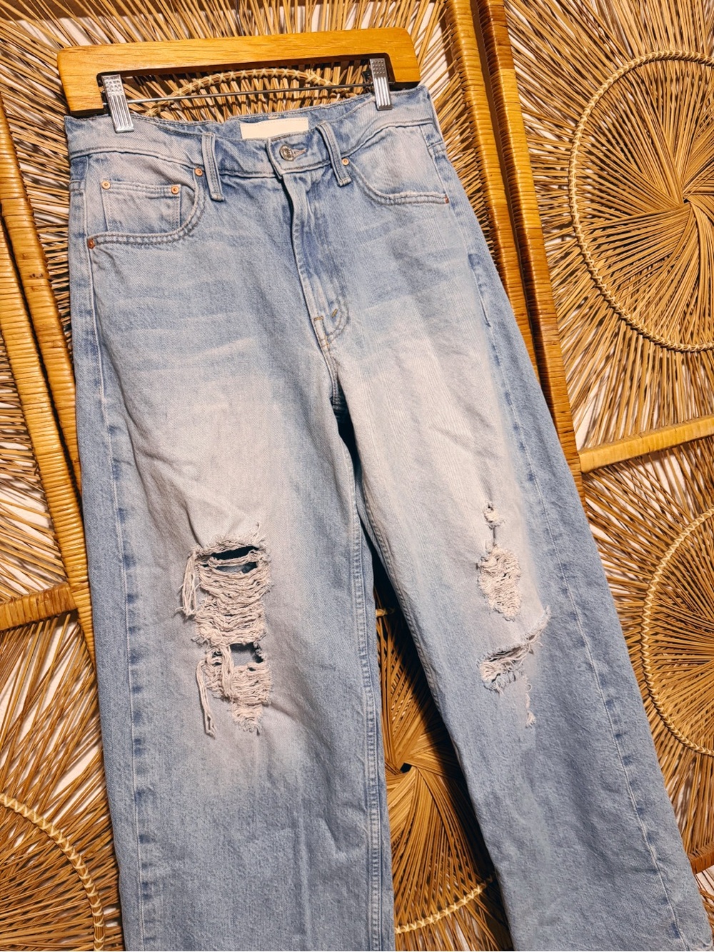 MOTHER Light Blue Distressed Wide-Leg Jeans - Picture 6 of 11
